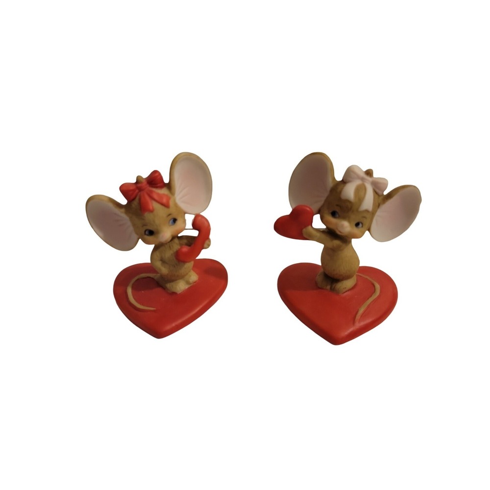 Lefton Porcelain Figurine Mouse Giving You His Heart on Phone 2pc set Vtg Mice
